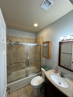 Hair dryer, towels, toilet paper