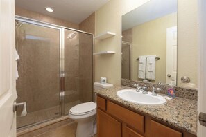 Hair dryer, soap, shampoo, toilet paper