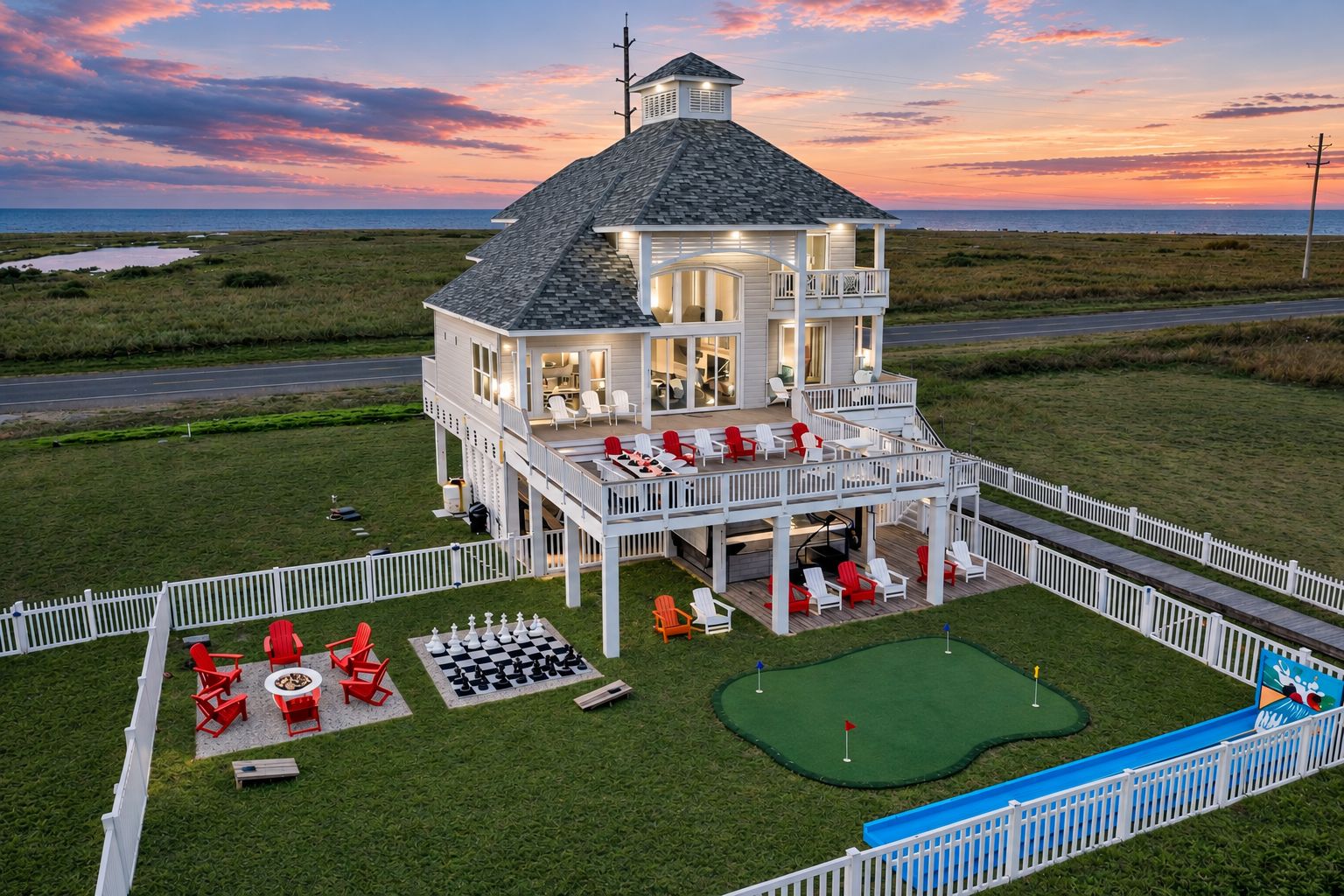 A two-story house with a deck, outdoor seating, and a miniature golf course.