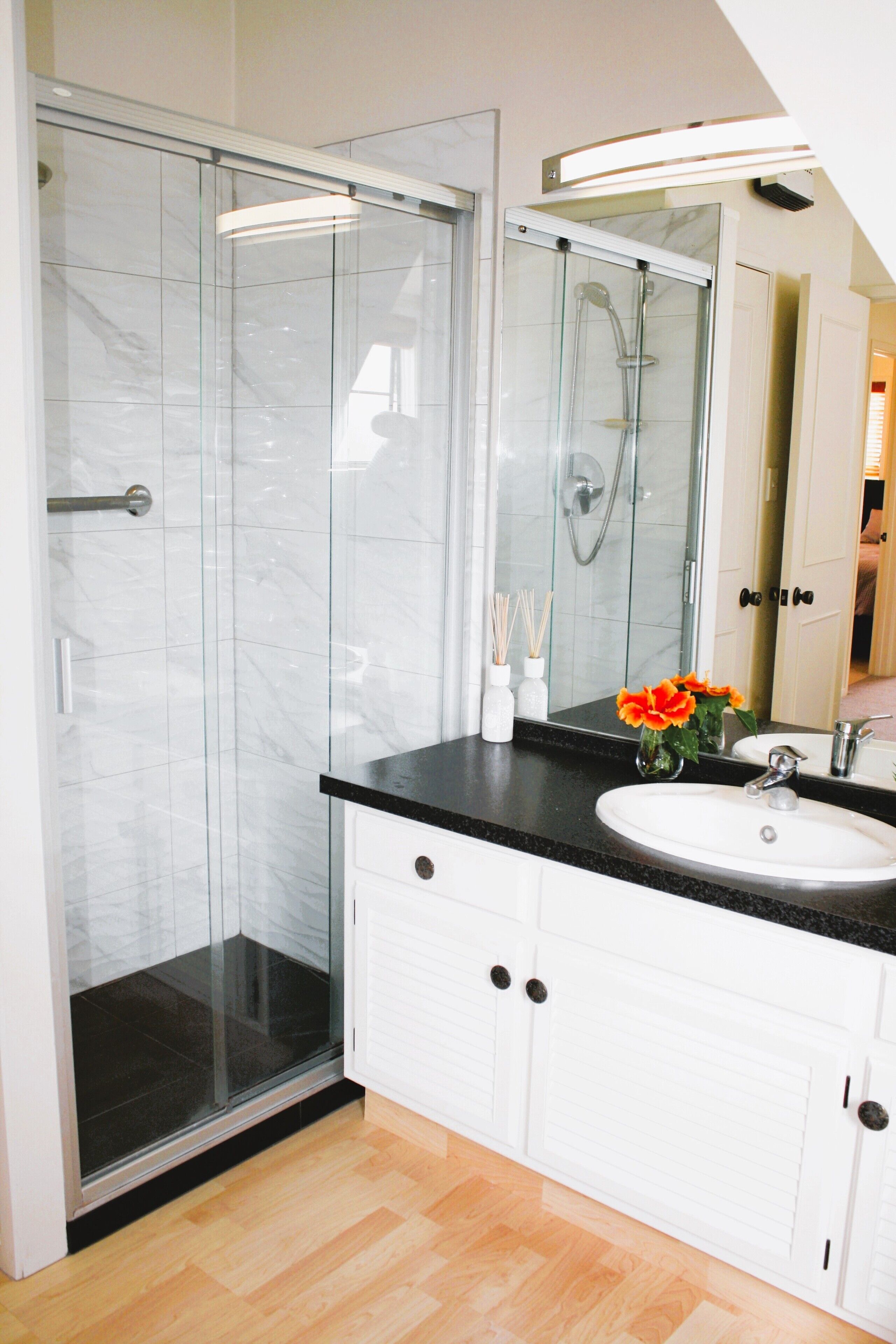 Shower, towels, soap, shampoo