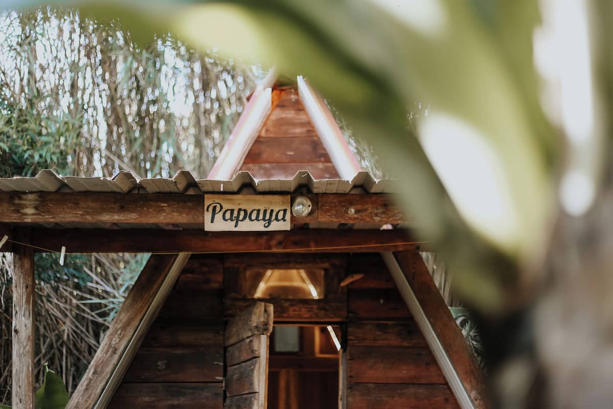 Une structure en bois avec une enseigne indiquant « Papaye » et un toit en pente.