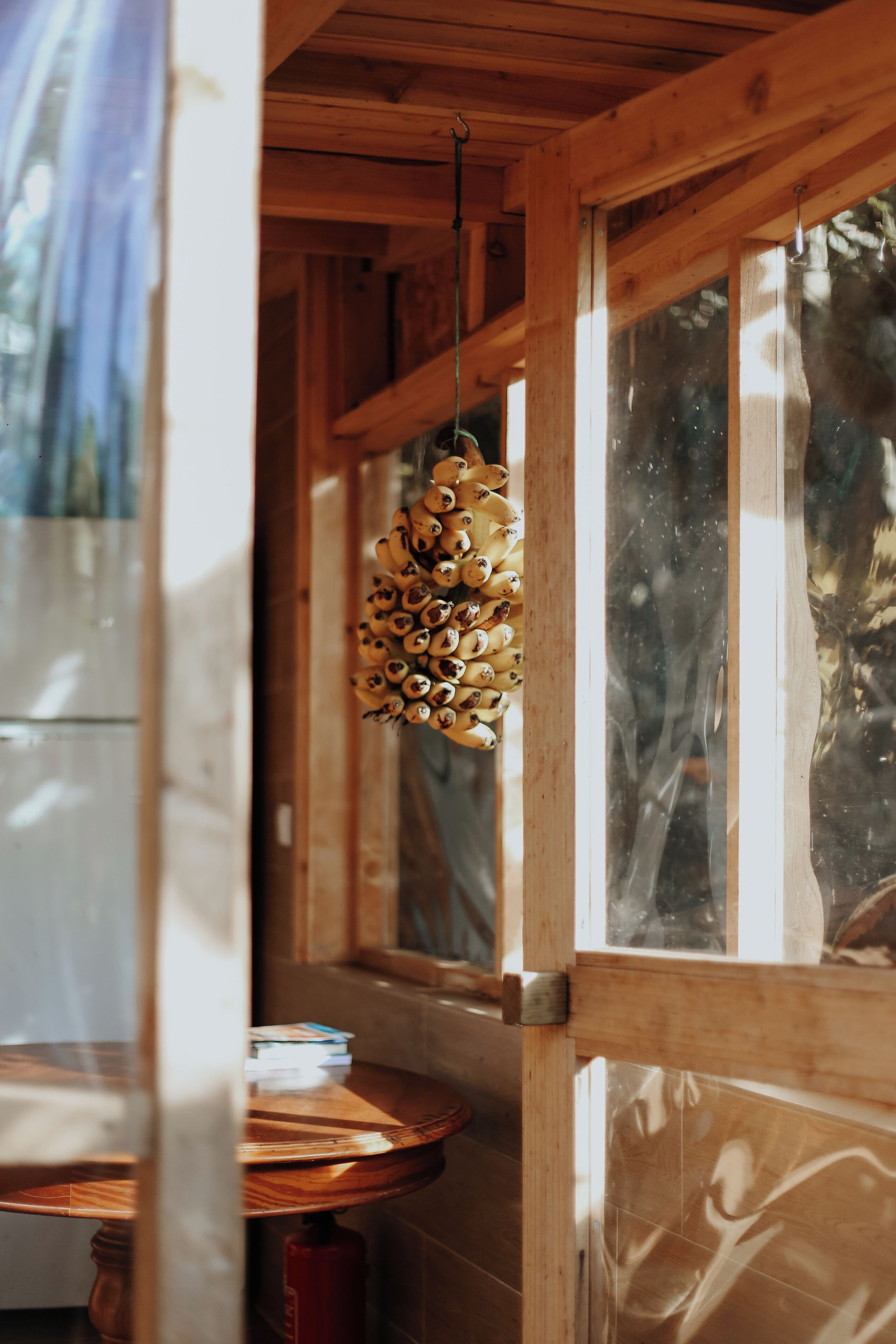 A wooden interior with a round table, a hanging light fixture, and a window with a view of trees.