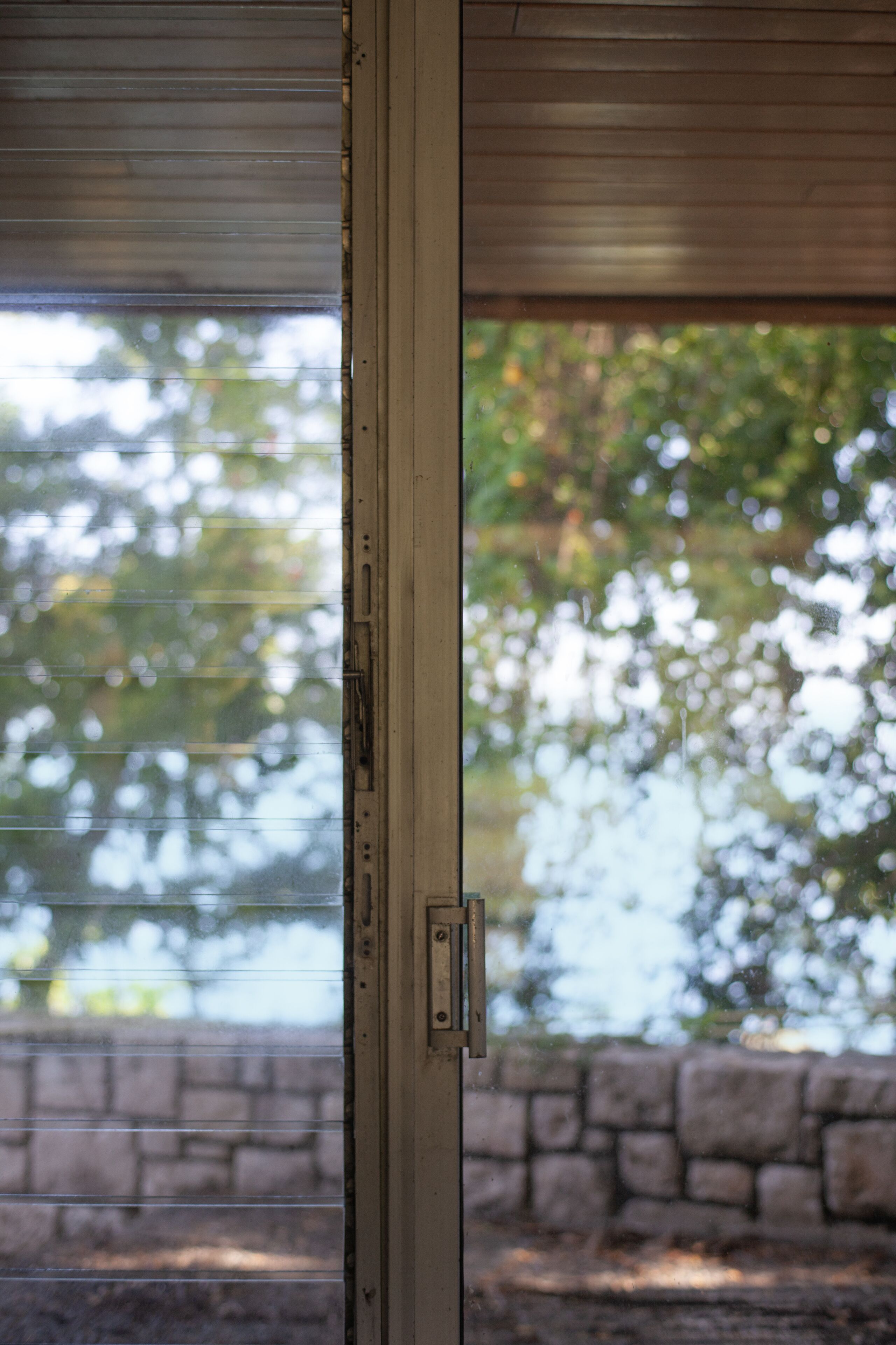 A view through a window with a metal frame and a latch.