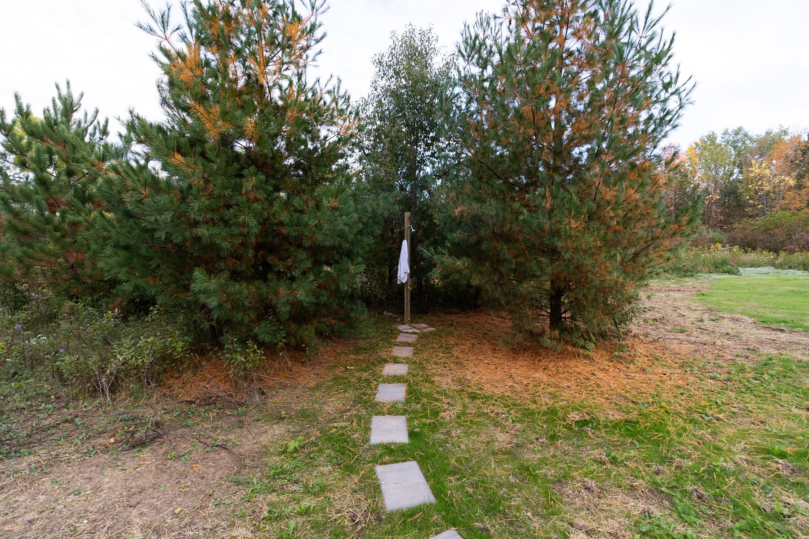 Shower off amidst the pines after a sauna session! The water is not temperature controlled and is not available for use in winter.