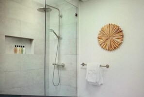 Hair dryer, towels, soap, shampoo