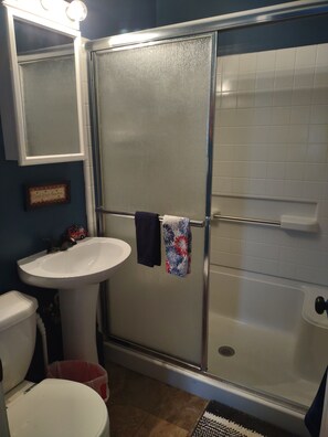 Shower, hair dryer, towels, soap