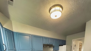 Une cuisine moderne avec des meubles bleus, des appareils en acier inoxydable et un plancher en bois.