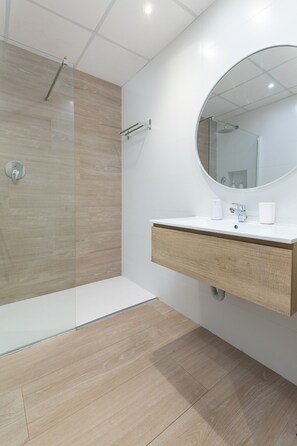 Douche, séchoir à cheveux, serviettes fournies