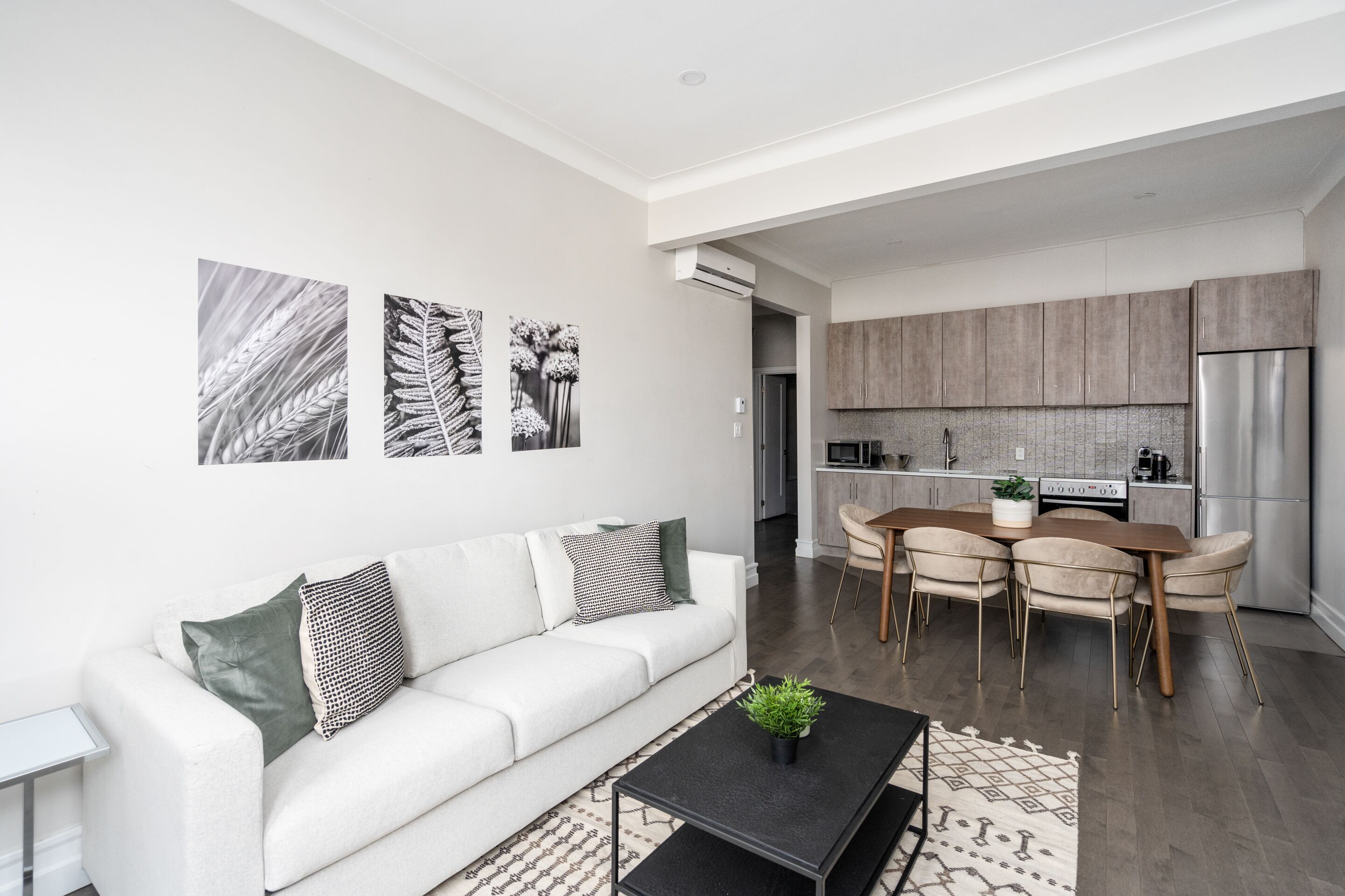 A modern living room with a white sofa, a coffee table with a plant, and a dining area with a wooden table and chairs.