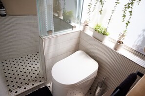 Shower, hair dryer, bidet, towels