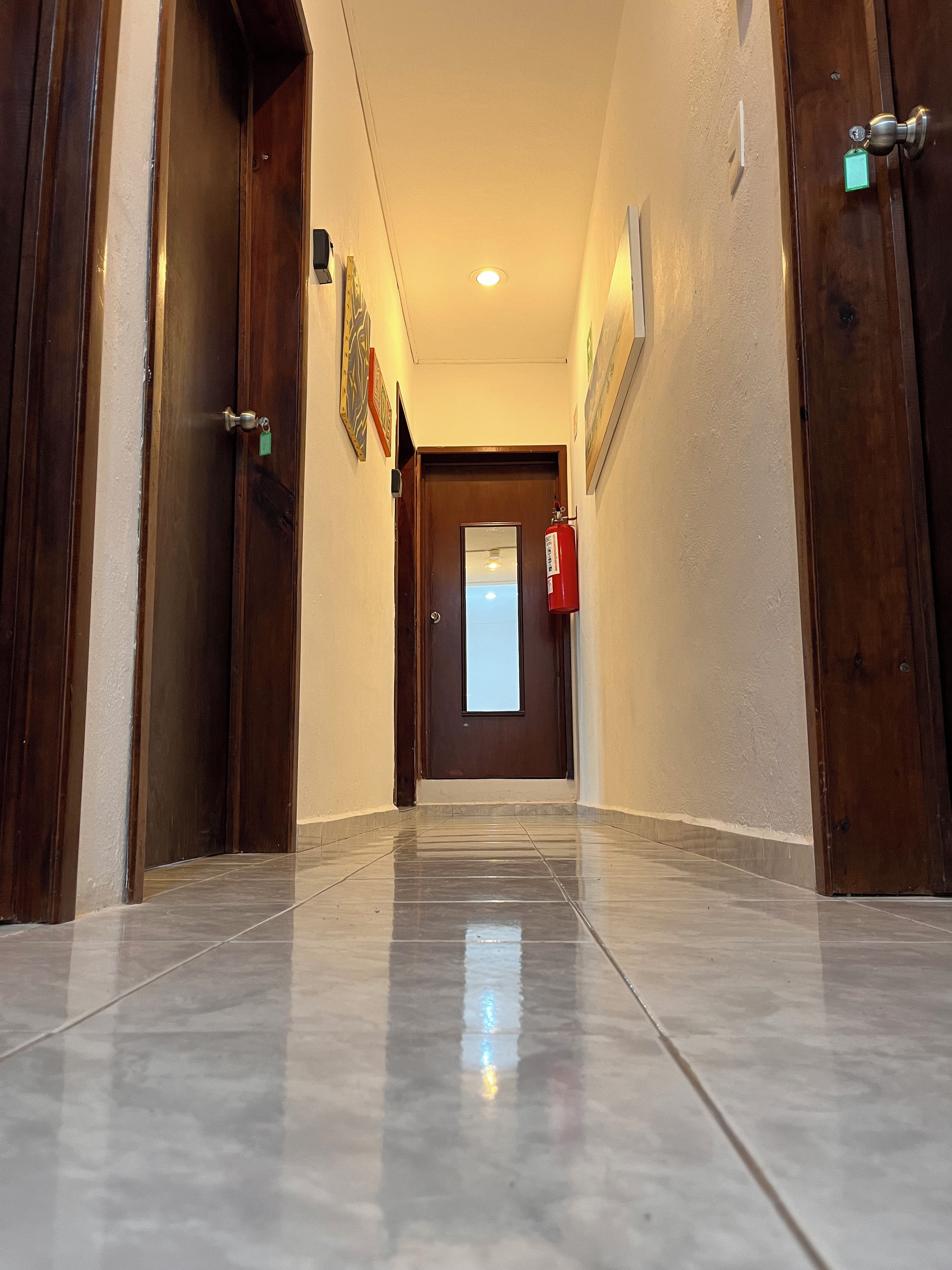 A hallway with wooden doors, a fire extinguisher, and a window at the end.
