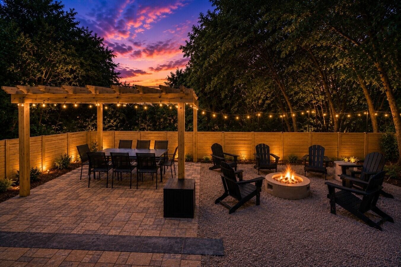 Un patio exterior con pérgola, mesa de comedor, sillas y una chimenea.