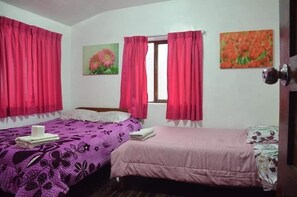 Una habitación con dos camas, cada una con una colcha de diseño diferente. Hay dos ventanas con cortinas rosadas y una puerta con pomo redondo.