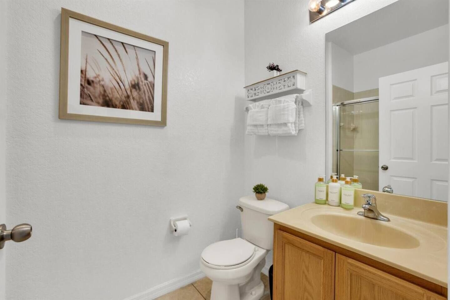 A bathroom with a toilet, sink, and mirror. There is a framed picture on the wall and a small shelf with toiletries.