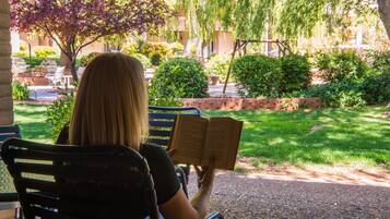 Una persona sentada en un banco leyendo un libro en un parque con árboles y un muro de ladrillo al fondo.