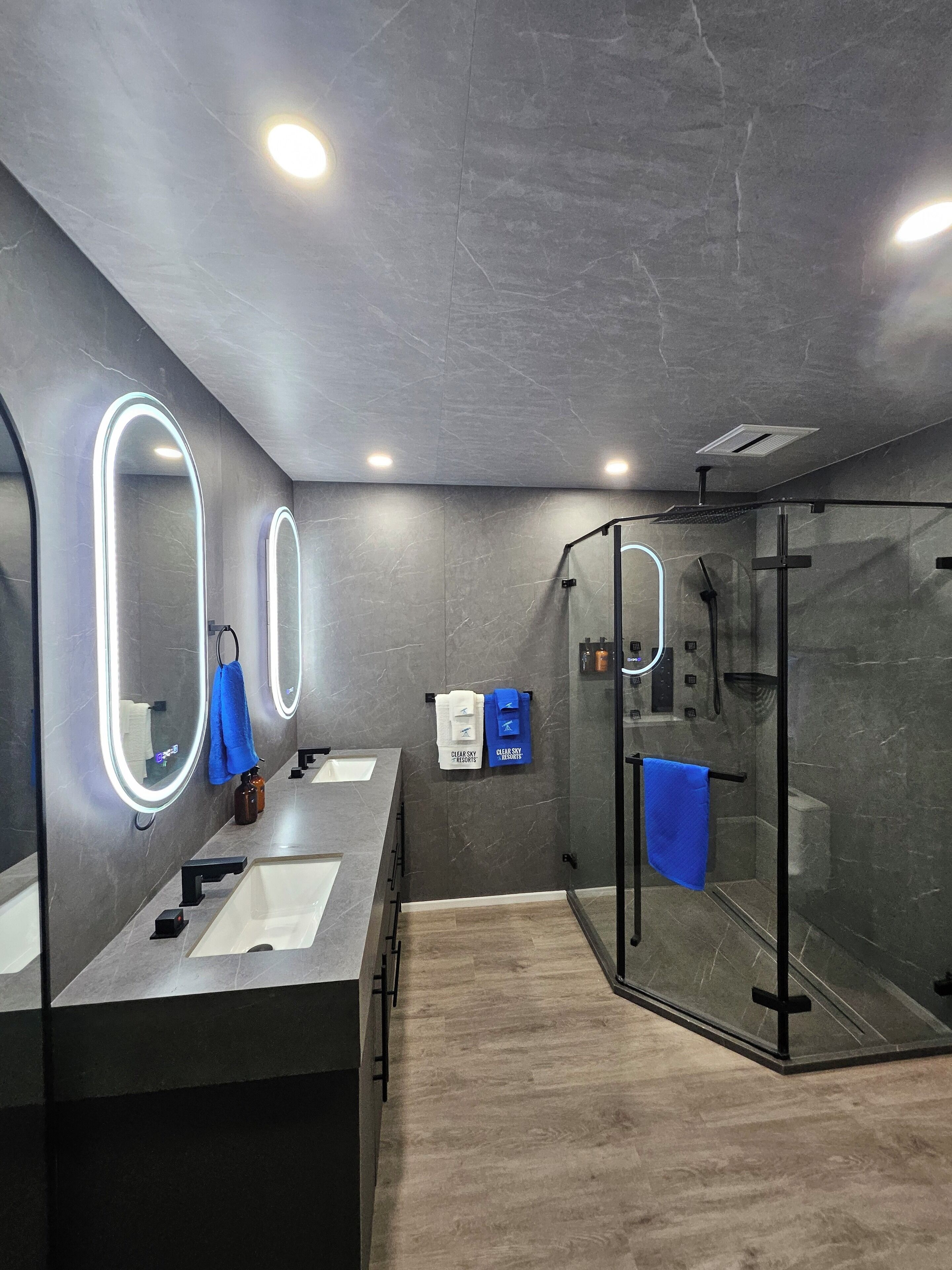 A modern bathroom with a glass shower enclosure, a vanity with two sinks, and illuminated mirrors.