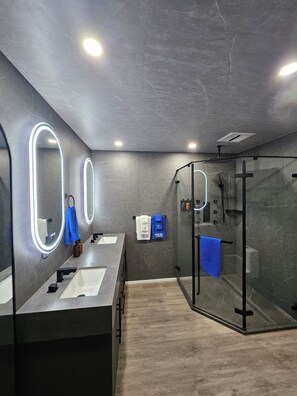 Shower, rainfall showerhead, free toiletries, hair dryer