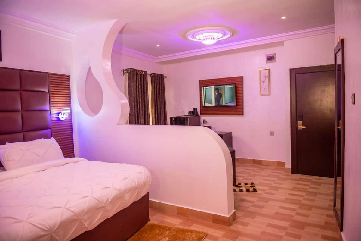 Een moderne slaapkamer met een groot bed, een televisie en een bureau.