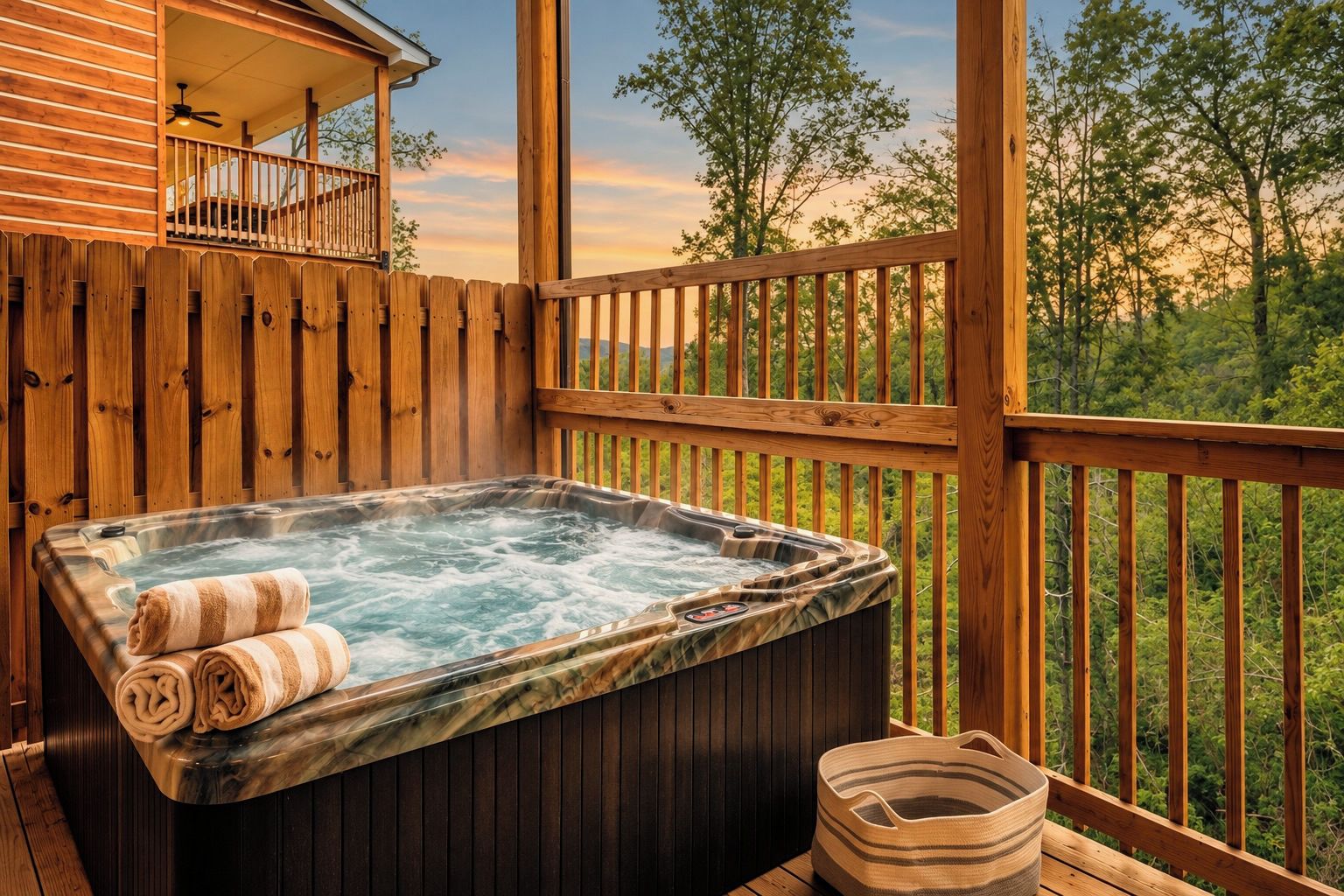 Un jacuzzi en una terraza de madera con vistas a árboles.