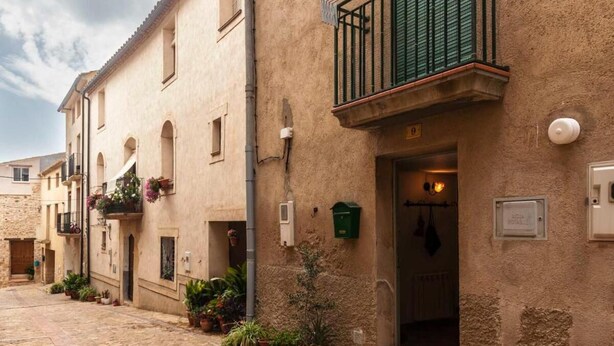 A narrow street with buildings featuring balconies and potted plants. - Tradicional house in Prat de Comte (Prat de Comte)