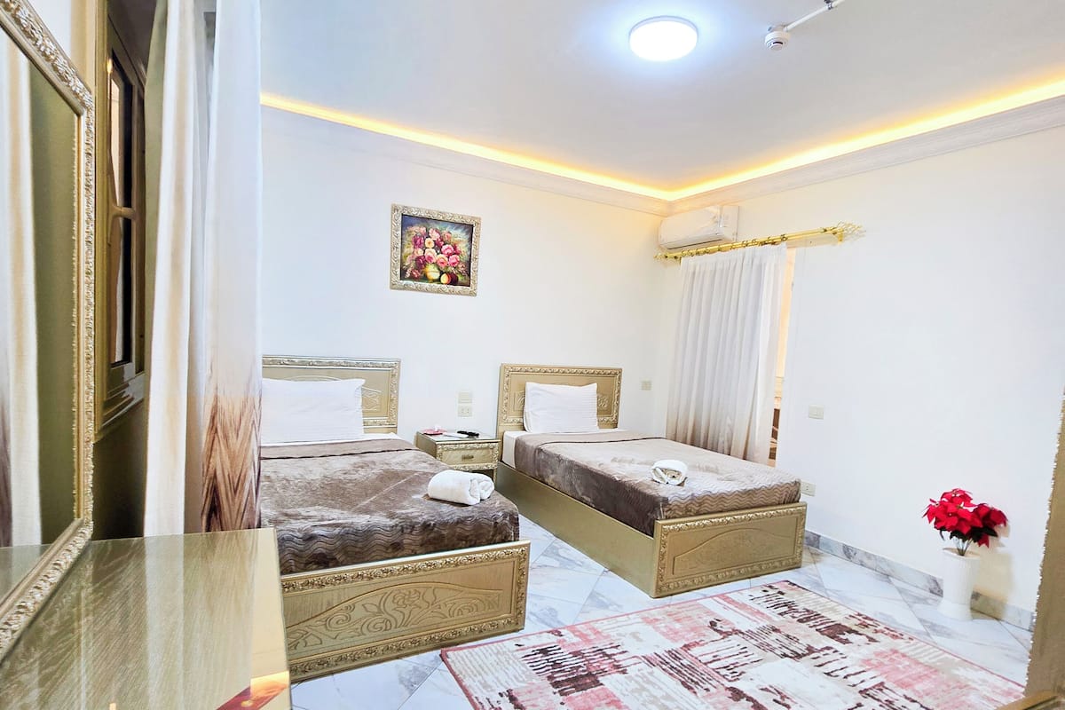 A hotel room with two beds, a large mirror, a decorative rug, and a ceiling light.