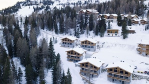 A cluster of log cabin-style lodges with multiple balconies, surrounded by dense coniferous forest and snow-covered slopes. - Cosy apartment for 4 people with WIFI, TV and balcony (Brandstätter)