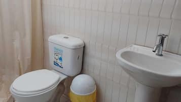 Een regendouche, handdoeken, zeep, toiletpapier