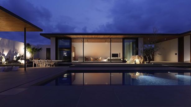 A modern house with a swimming pool, large windows, and outdoor seating. - NOT A HOTEL AOSHIMA (Miyazaki)