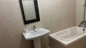 Hair dryer, towels, soap, toilet paper