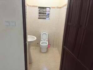 Hair dryer, towels, soap, toilet paper
