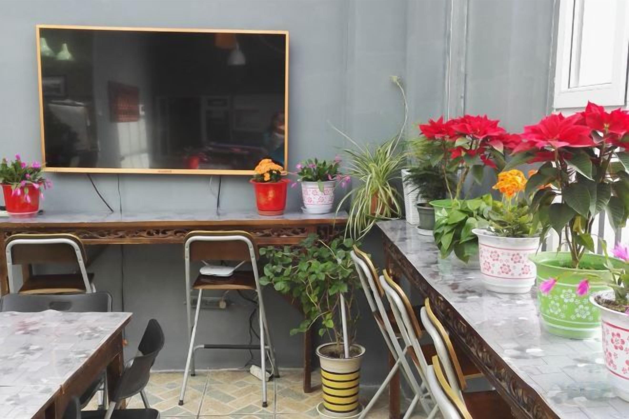 Een eetgedeelte met een lange tafel, stoelen, een klein krukje en potplanten.