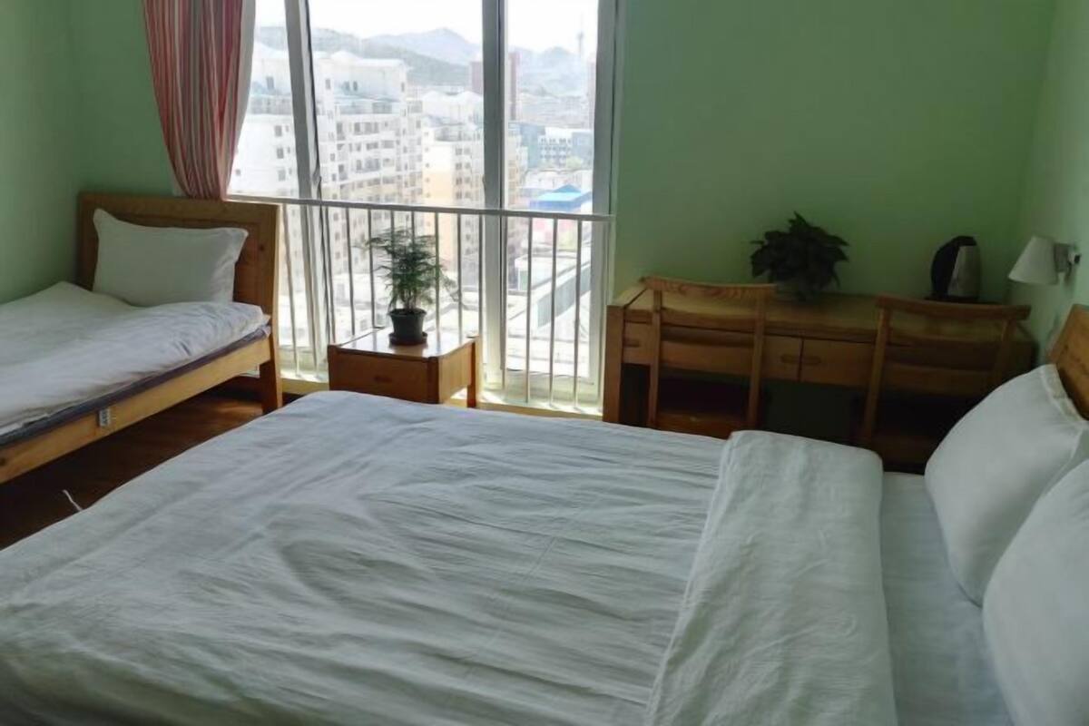 A room with a large bed, a smaller bed, a desk, a chair, a potted plant, and a view of buildings through a window.