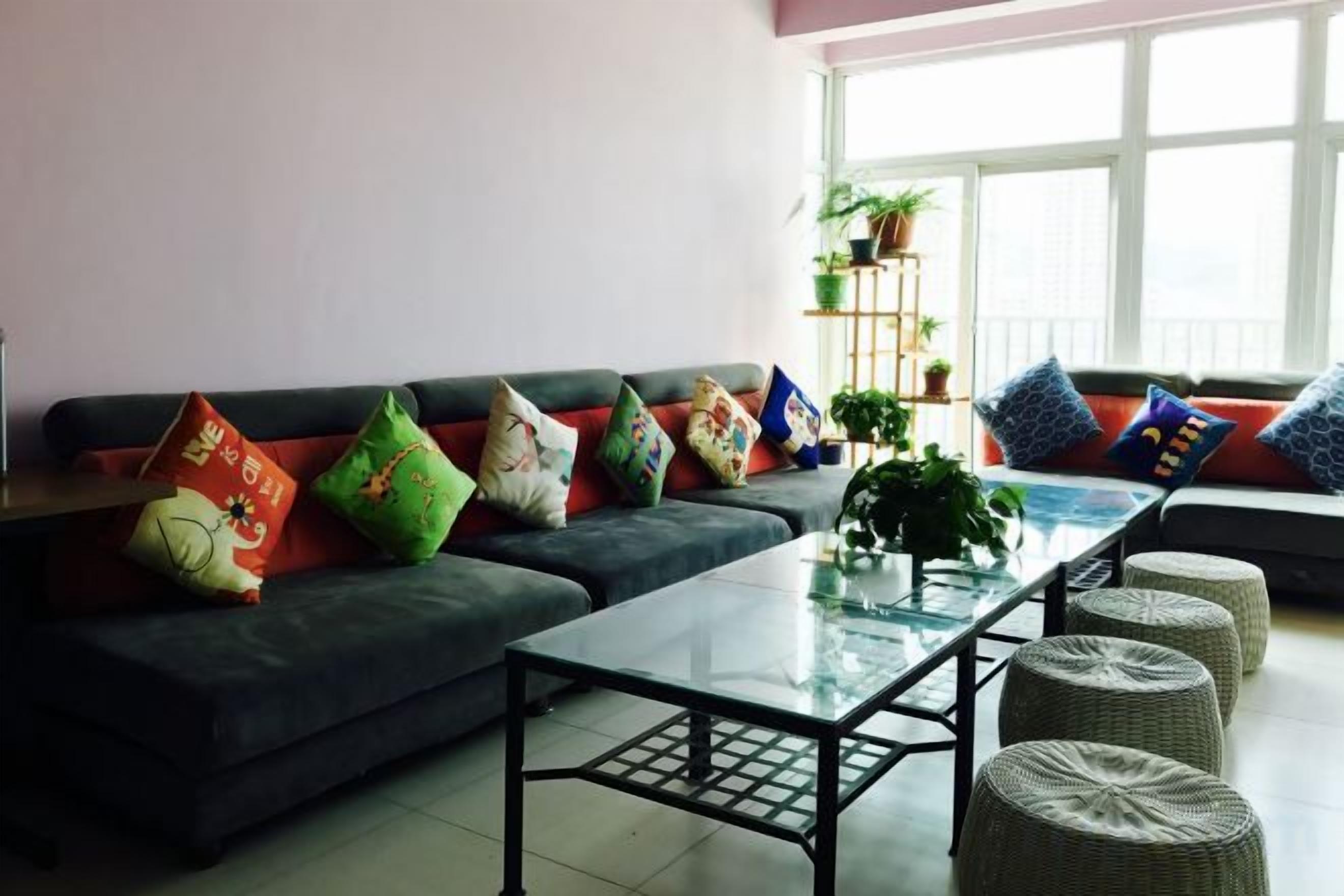 Una sala de estar con sofá, pufs, una mesa de centro de vidrio y una planta.