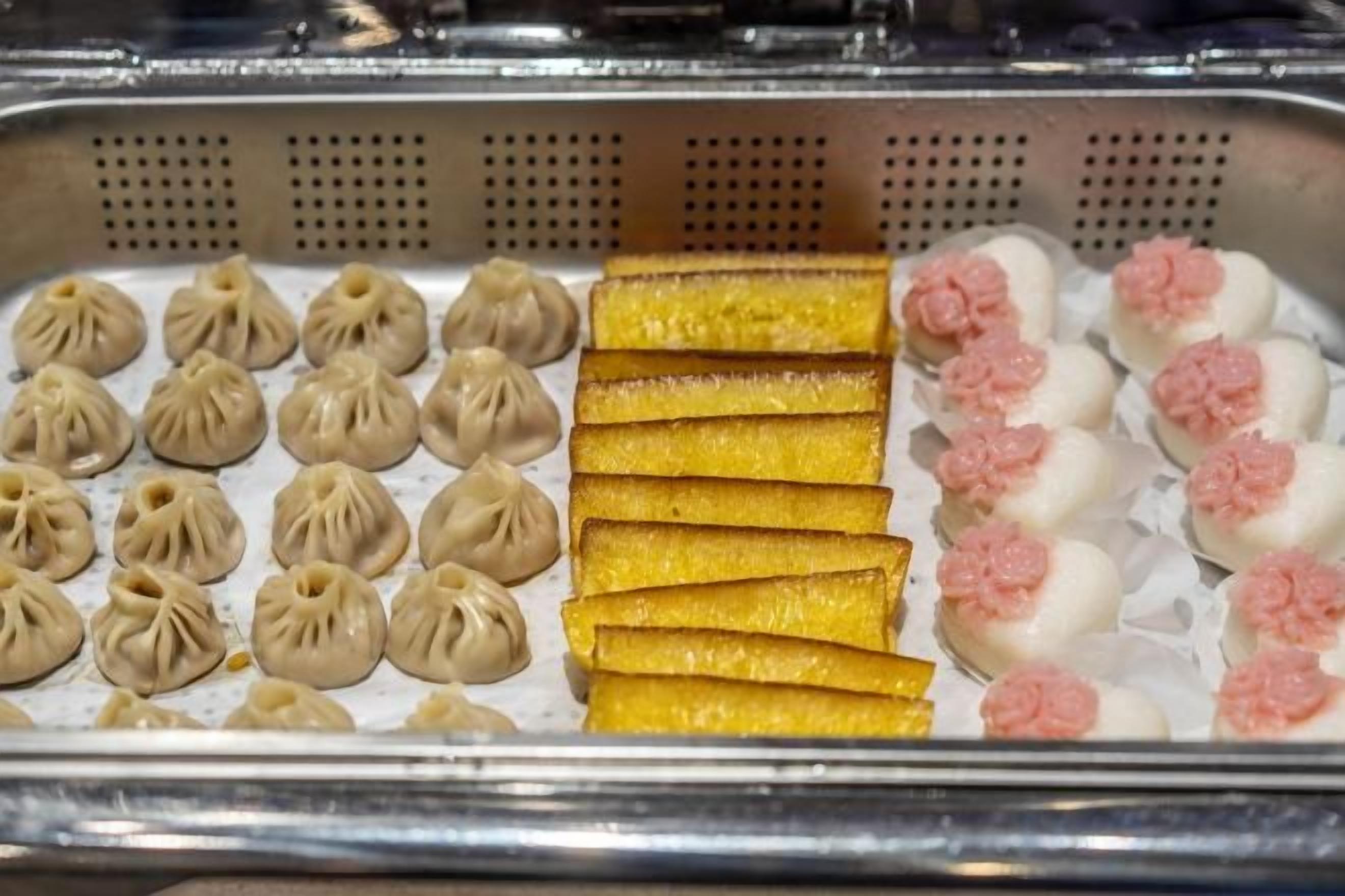 A food display with various items.