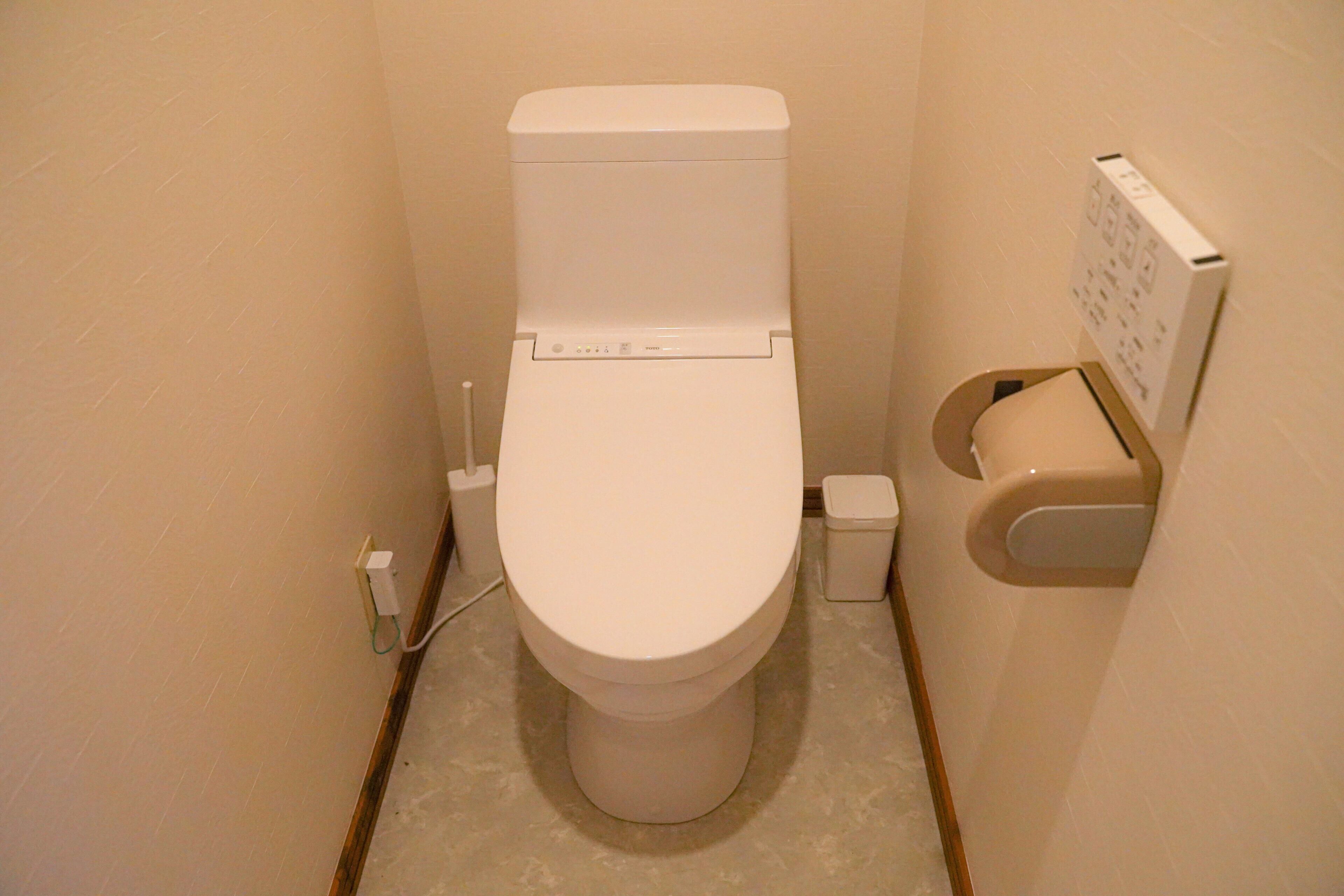 Een standaard toilet met een spoelhendel, een bedieningsknop aan de muur en een kleine prullenbak.