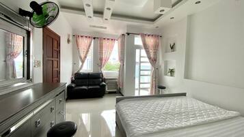 Memory-foam beds, desk, laptop workspace, blackout curtains