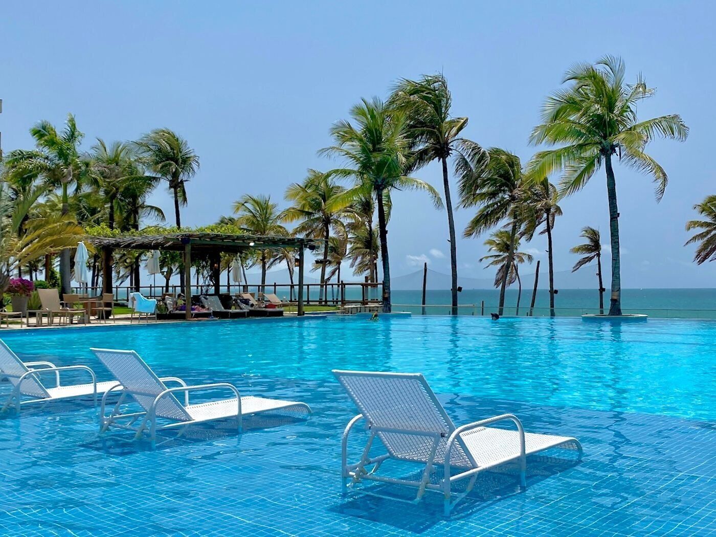 Uma piscina azul cristalina com espreguiçadeiras, palmeiras e vista para o oceano.
