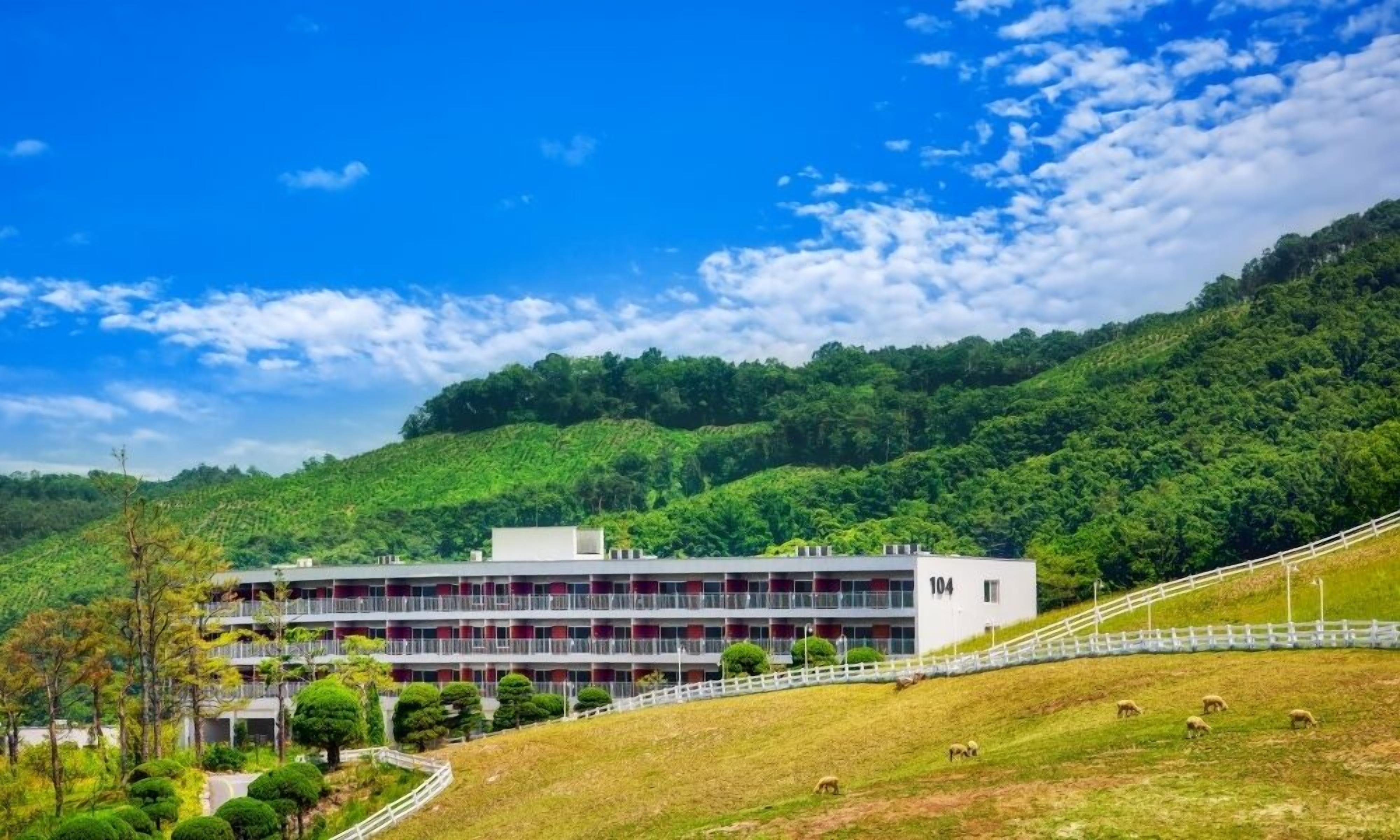 A modern hotel with a multi-story structure, surrounded by lush green hills and a clear blue sky.