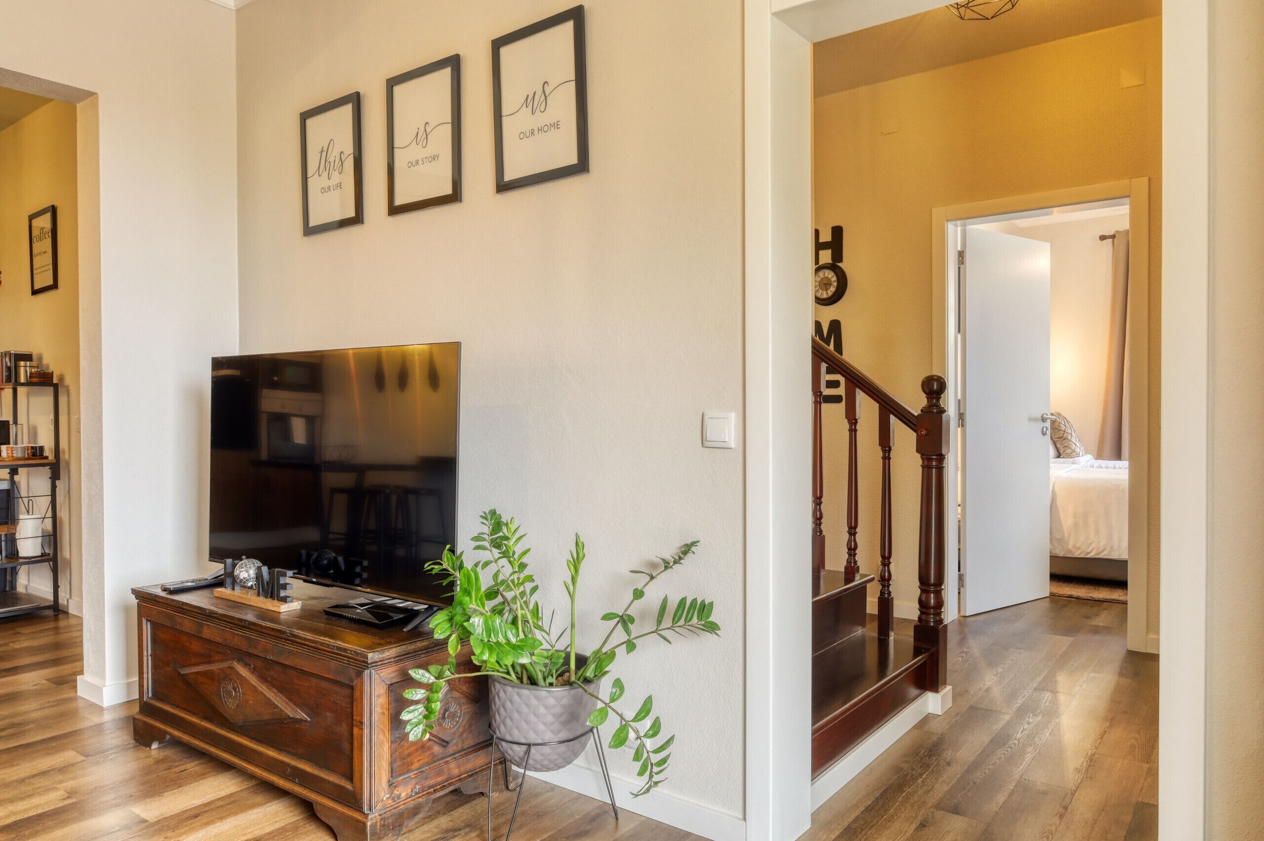 A living room with a TV, wooden cabinet, and potted plants.