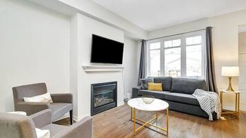 Smart TV, fireplace, table football