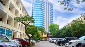 A parking lot with cars, a tall building in the background, and a tree in the foreground.