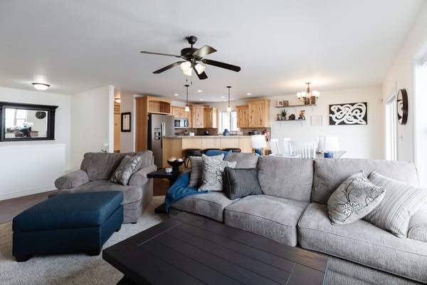 Smart TV, fireplace, table football, books