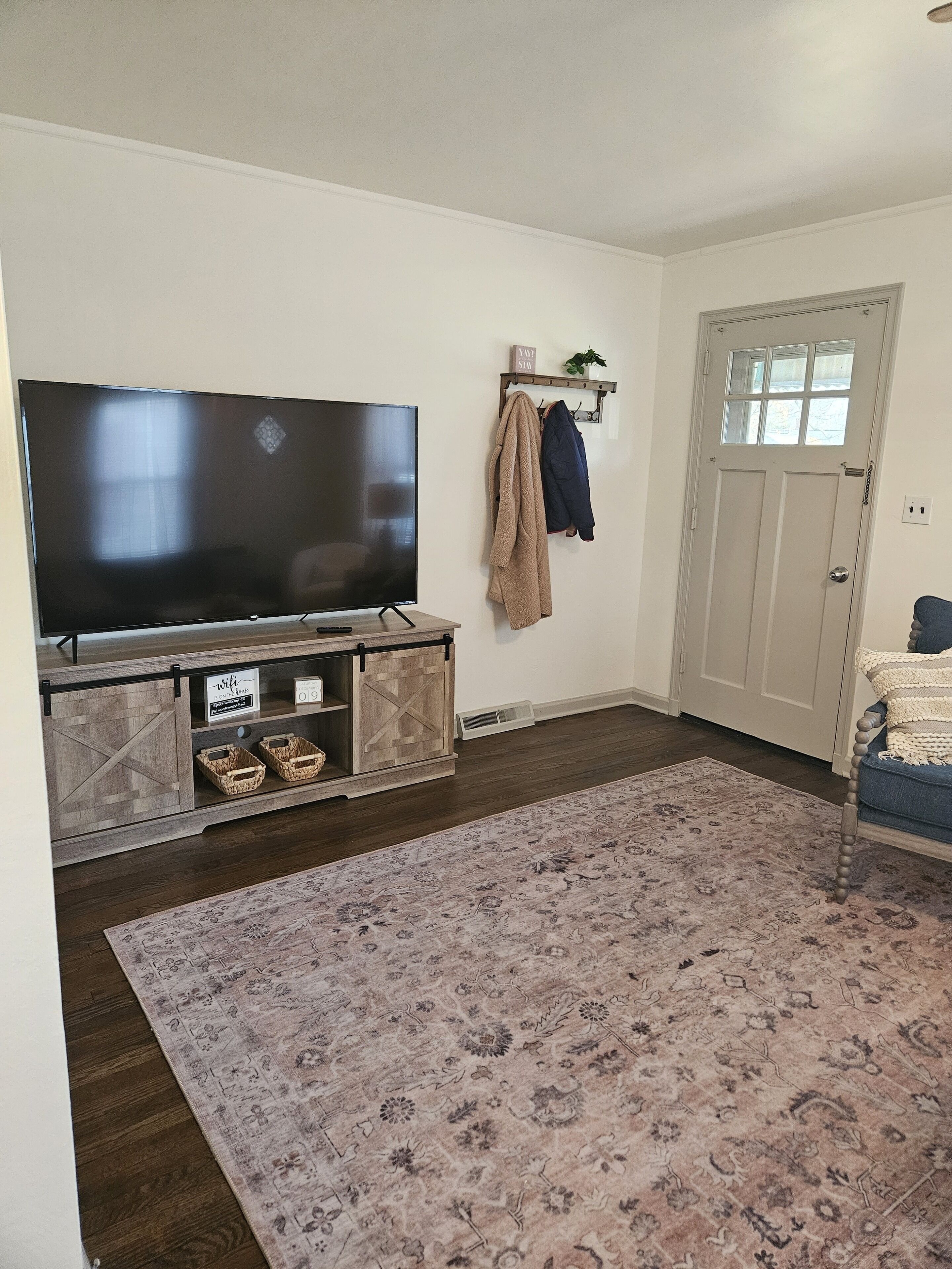 Una sala de estar con una televisión de pantalla plana sobre un pedestal de madera, una alfombra estampada, una puerta y un estante con una planta y un cartel.