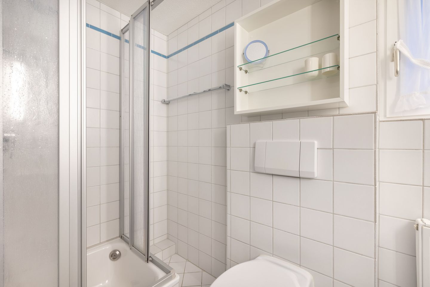A bathroom with a glass shower enclosure, a white toilet, and a glass shelf with toiletries.