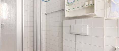 A bathroom with a glass shower enclosure, a white toilet, and a glass shelf with toiletries.