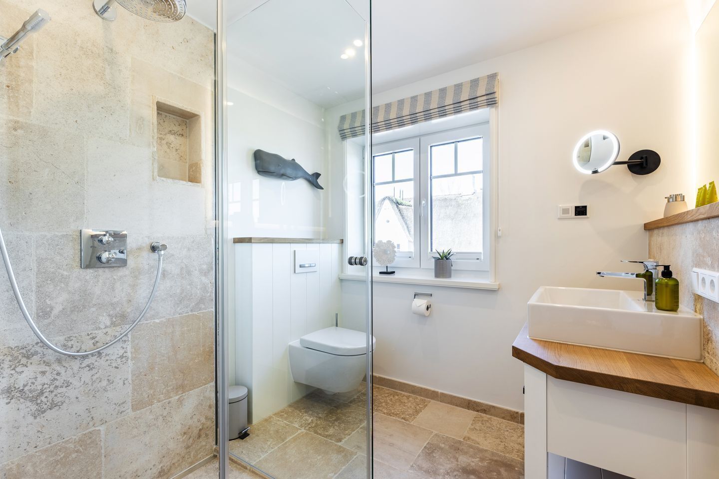 A modern bathroom with a glass shower enclosure, a toilet, and a sink with a vanity.