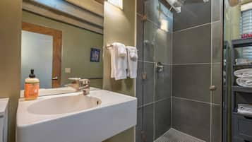 Shower, hair dryer, towels, shampoo