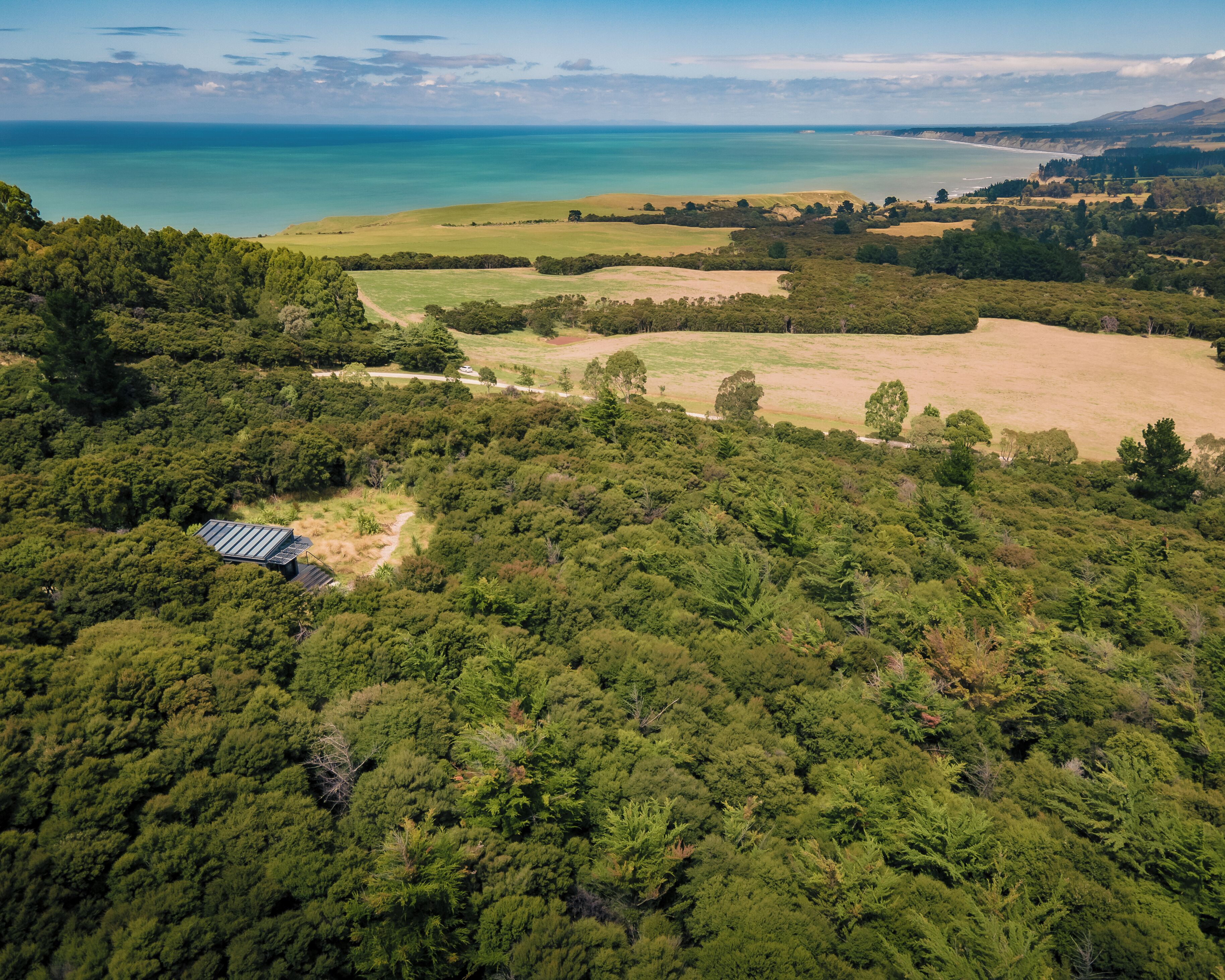 An aerial view of a lush landscape with dense forest, a clear sky, and a distant coastline.