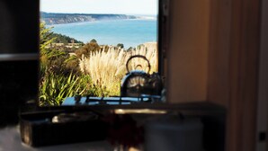 Vista dall'interno di un veicolo, attraverso un finestrino su un paesaggio costiero con erba e acqua.