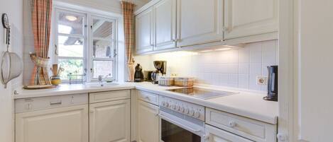 Een koelkast, een oven, een kookplaat, een vaatwasser